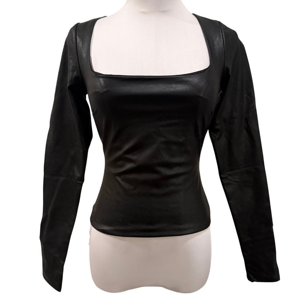 Naked Wardrobe Black Faux Leather Square Neck Long Sleeve Top Small Going Out